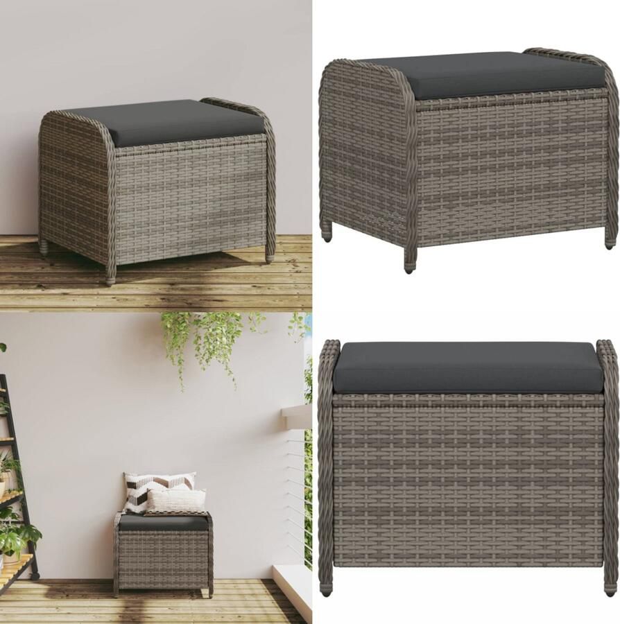 VidaXL Tuinkruk met kussen 58x46x46 cm poly rattan grijs Tuinkruk Tuinkrukken Krukje Rattan Krukje