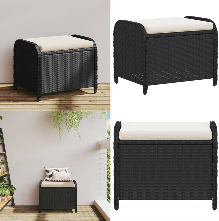 VidaXL Tuinkruk met kussen 58x46x46 cm poly rattan zwart Tuinkruk Tuinkrukken Krukje Rattan Krukje