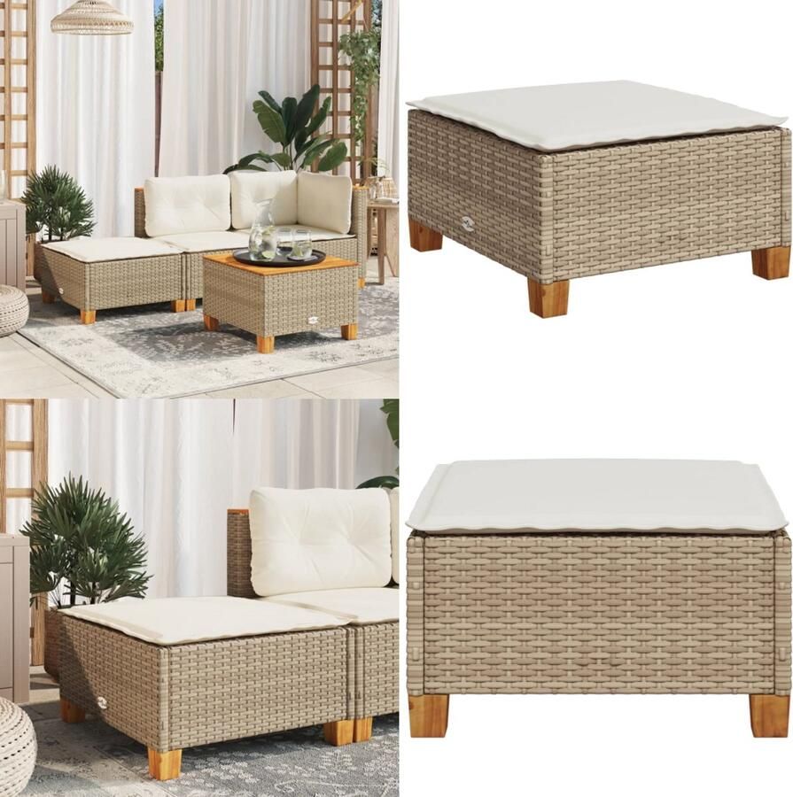 VidaXL Tuinkruk met kussen 63 5x56x32 cm poly rattan beige Kruk Krukken Tuinkruk Buitenkruk