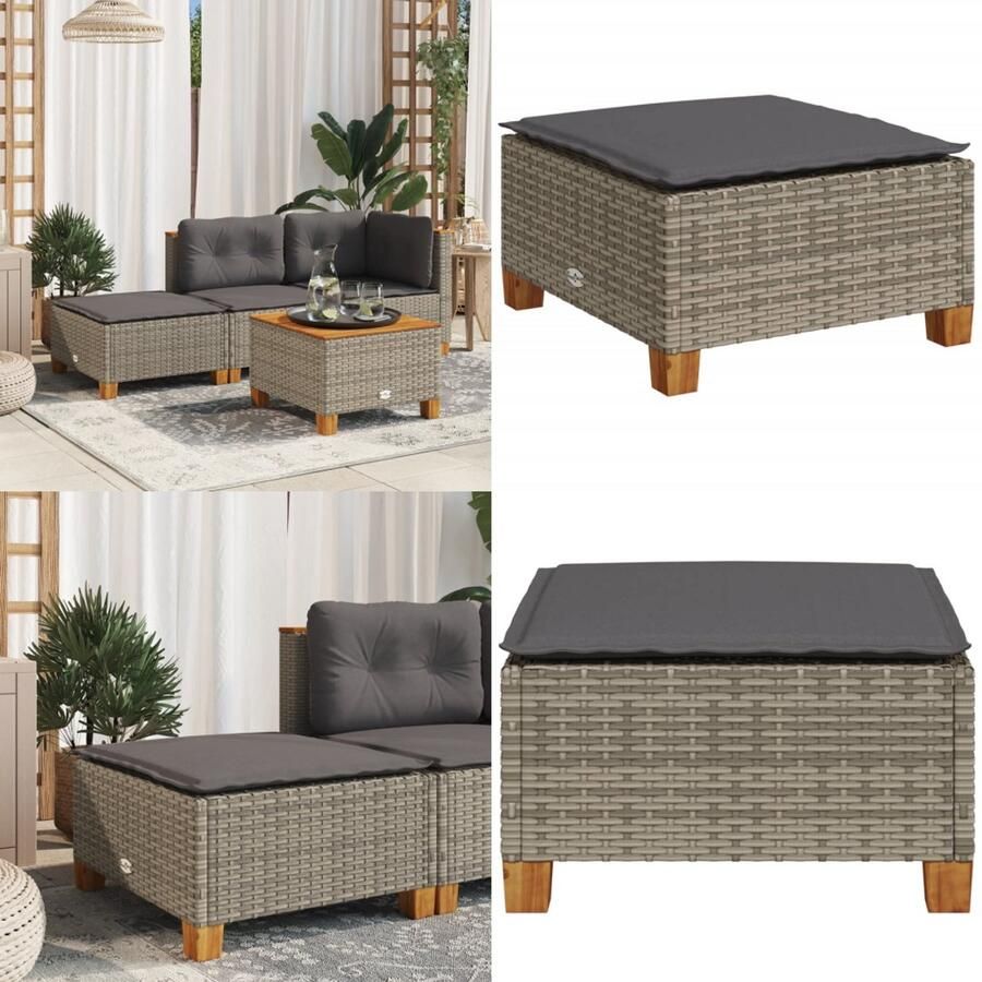 VidaXL Tuinkruk met kussen 63 5x56x32 cm poly rattan grijs Kruk Krukken Tuinkruk Buitenkruk