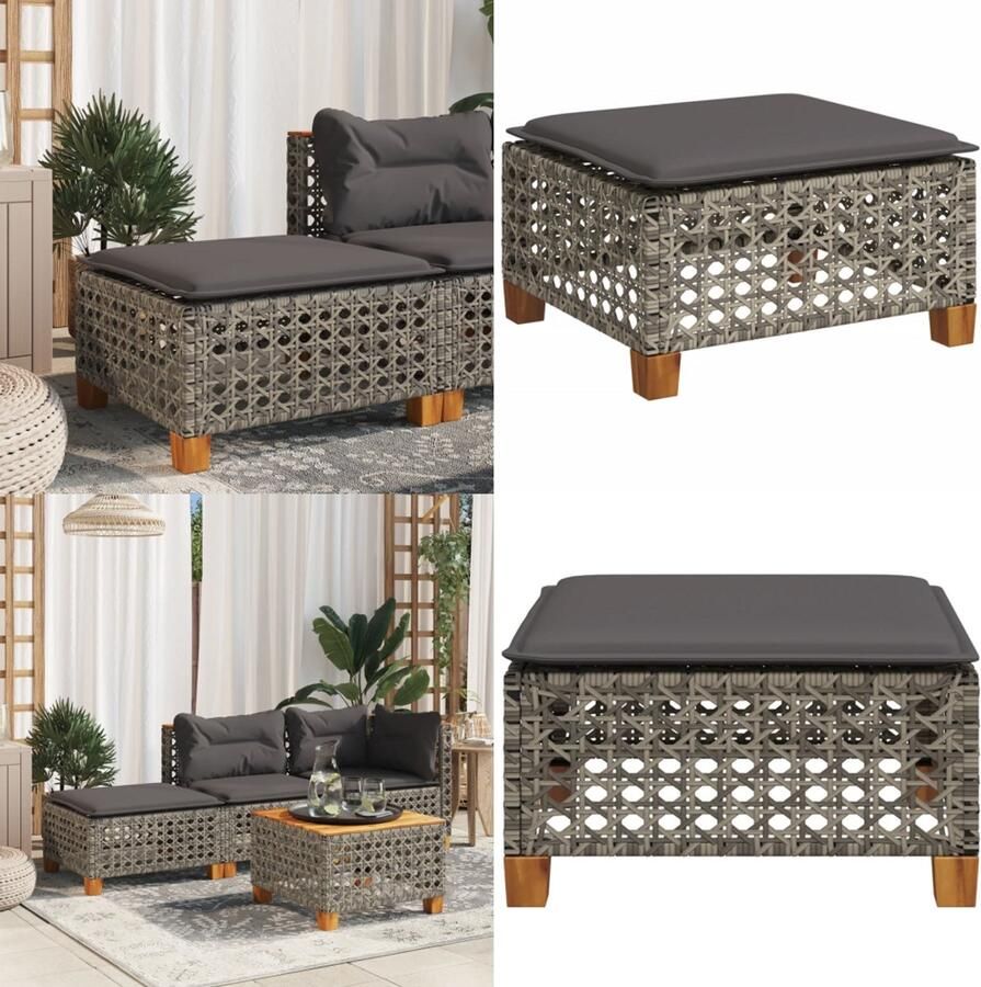 VidaXL Tuinkruk met kussen 63 5x56x32 cm poly rattan grijs Kruk Krukken Tuinkruk Buitenkruk - Foto 2