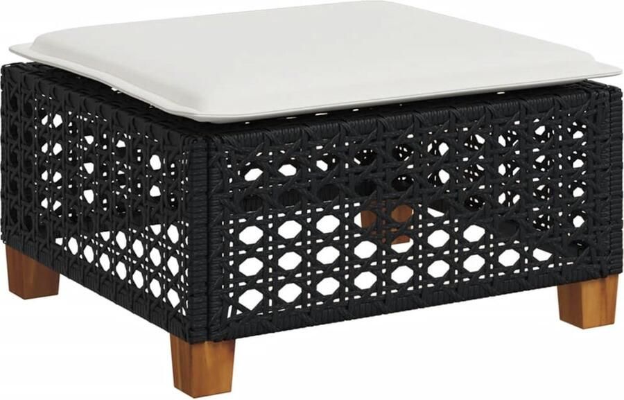 VidaXL Tuinkruk Zwart Rattan Inclusief Crèmewit Kussen Kruk Krukken Tuinkruk Buitenkruk