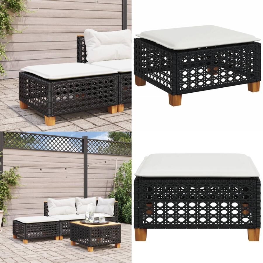 VidaXL Tuinkruk met kussen 63 5x56x32 cm poly rattan zwart Kruk Krukken Tuinkruk Buitenkruk