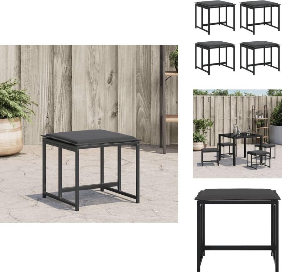 VidaXL Tuinkruk Tuinkrukken Krukje Textileen Krukje Tuinkrukken 4 st met kussens staal en textileen zwart