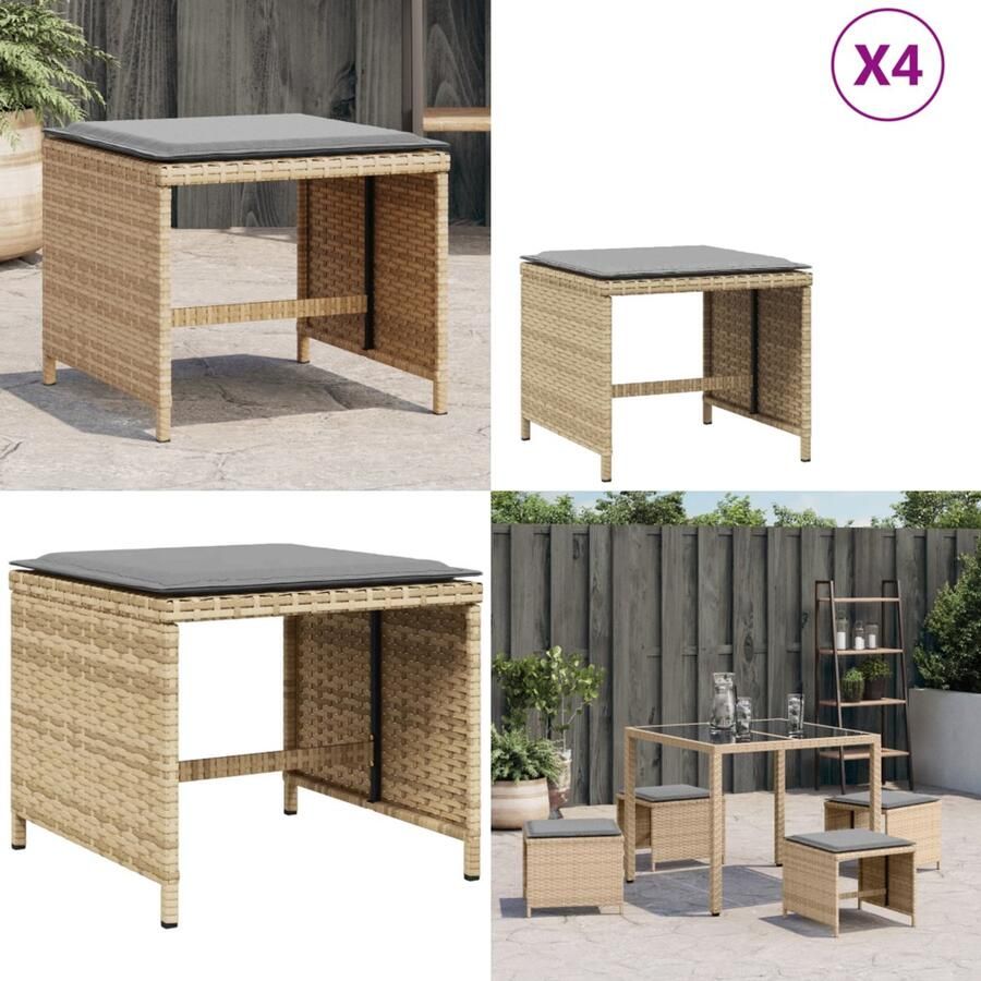 VidaXL Tuinkrukken 4 st kussens 40x40x35 cm poly rattan gemengd beige Kruk Krukken Tuinkruk Buitenkruk