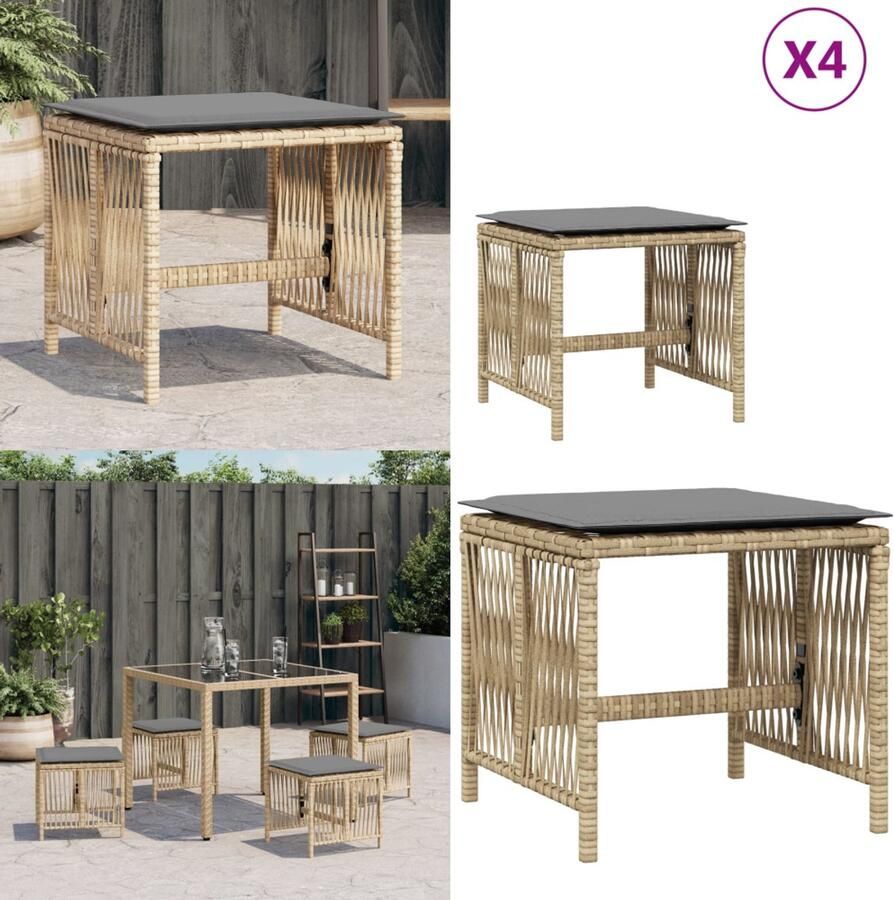 VidaXL Tuinkrukken 4 st kussens 41x41x36 cm poly rattan gemengd beige Kruk Krukken Krukje Plantenkrukje