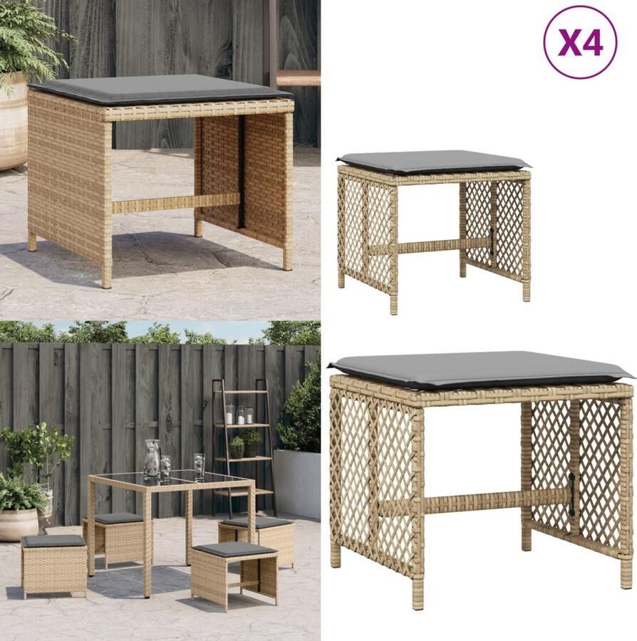 VidaXL Tuinkrukken 4 st kussens 41x41x36 cm poly rattan gemengd beige Kruk Krukken Krukje Plantenkrukje