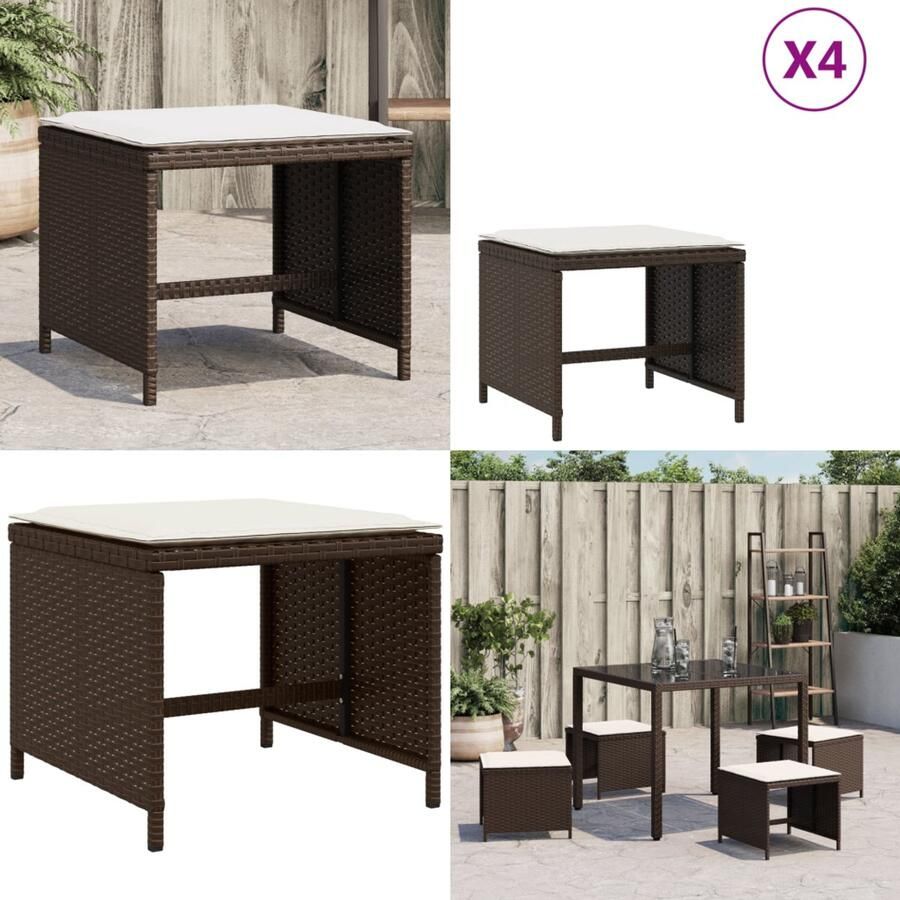 VidaXL Tuinkrukken 4 st met kussens 40x40x35 cm poly rattan bruin Kruk Krukken Tuinkruk Buitenkruk