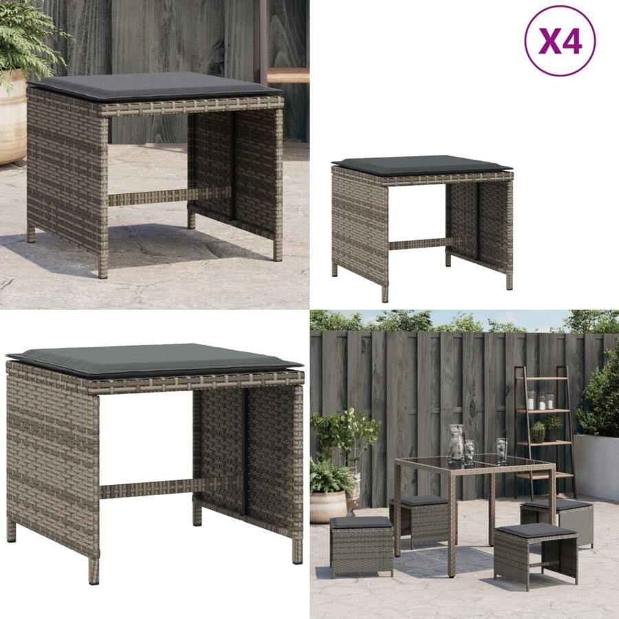 VidaXL Tuinkrukken 4 st met kussens 40x40x35 cm poly rattan grijs Kruk Krukken Tuinkruk Buitenkruk