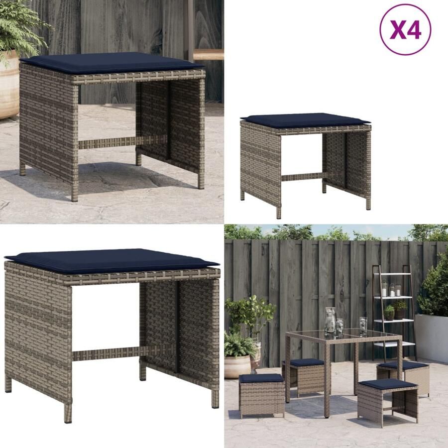 VidaXL Tuinkrukken 4 st met kussens 40x40x35 cm poly rattan grijs Kruk Krukken Tuinkruk Buitenkruk