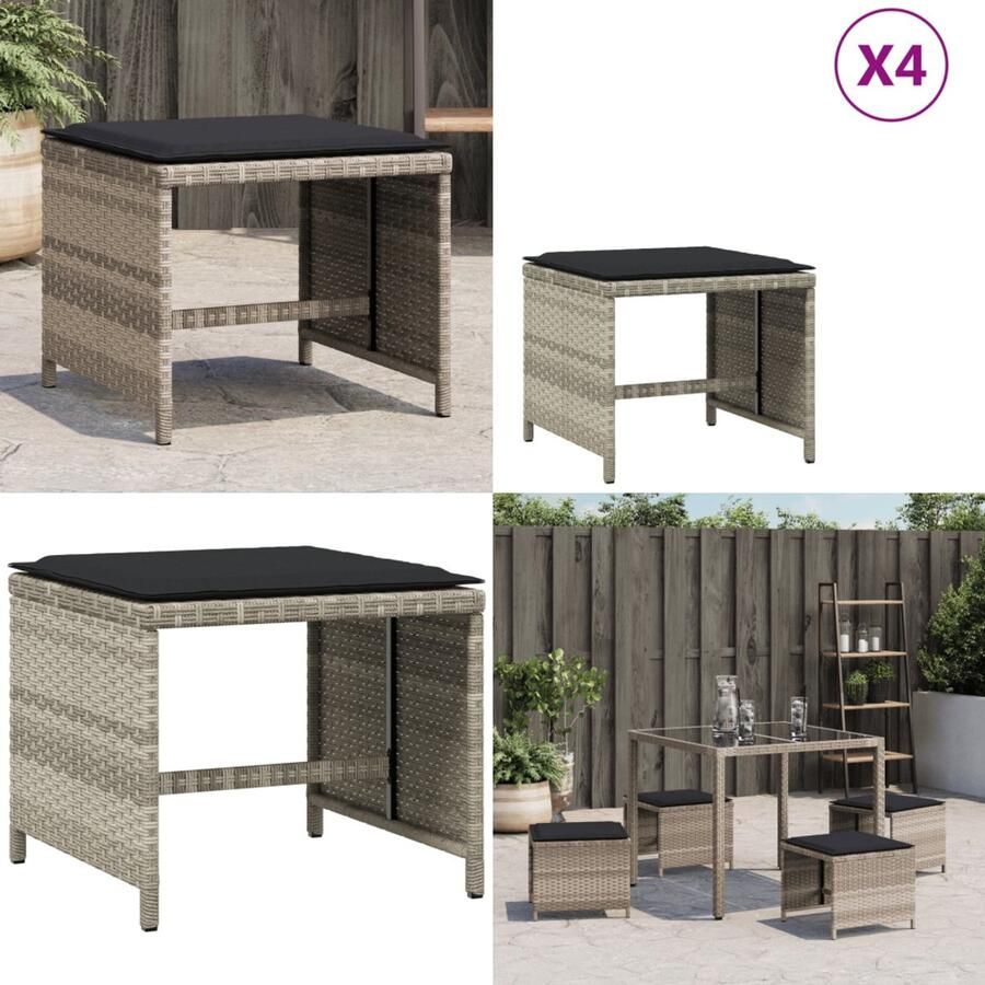 VidaXL Tuinkrukken 4 st met kussens 40x40x35 cm poly rattan lichtgrijs Kruk Krukken Tuinkruk Buitenkruk