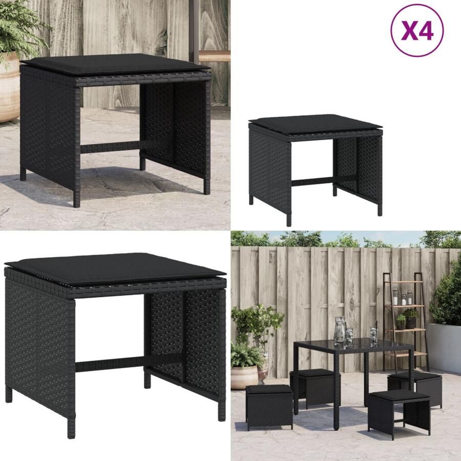 VidaXL Tuinkrukken 4 st met kussens 40x40x35 cm poly rattan zwart Kruk Krukken Tuinkruk Buitenkruk