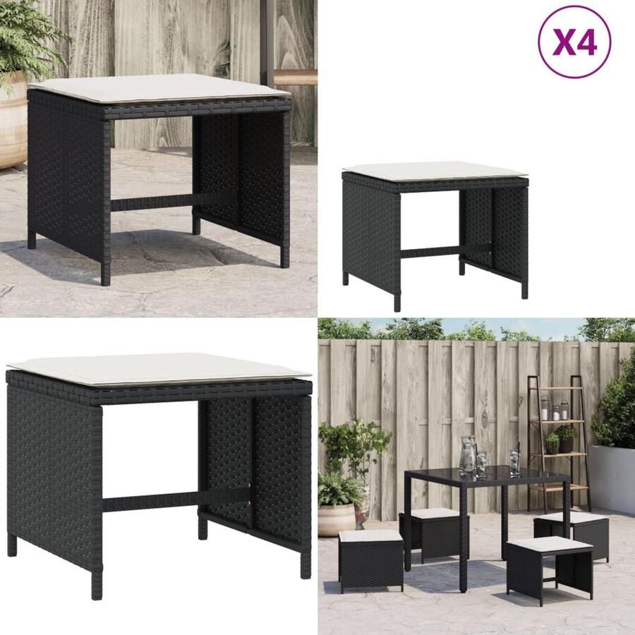 VidaXL Tuinkrukken 4 st met kussens 40x40x35 cm poly rattan zwart Kruk Krukken Tuinkruk Buitenkruk
