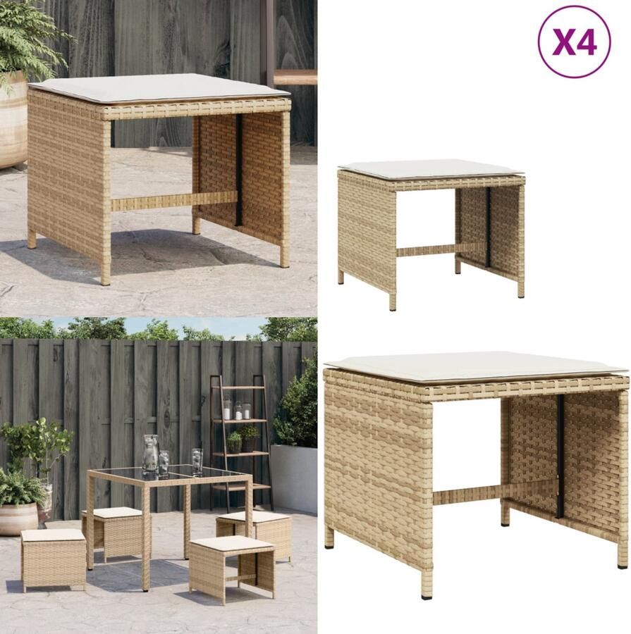 VidaXL Tuinkrukken 4 st met kussens 41x41x36 cm poly rattan beige Kruk Krukken Krukje Plantenkrukje
