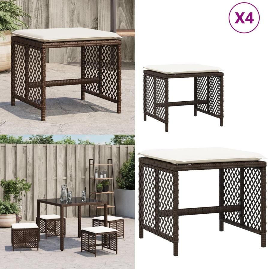 VidaXL Tuinkrukken 4 st met kussens 41x41x36 cm poly rattan bruin Kruk Krukken Krukje Plantenkrukje