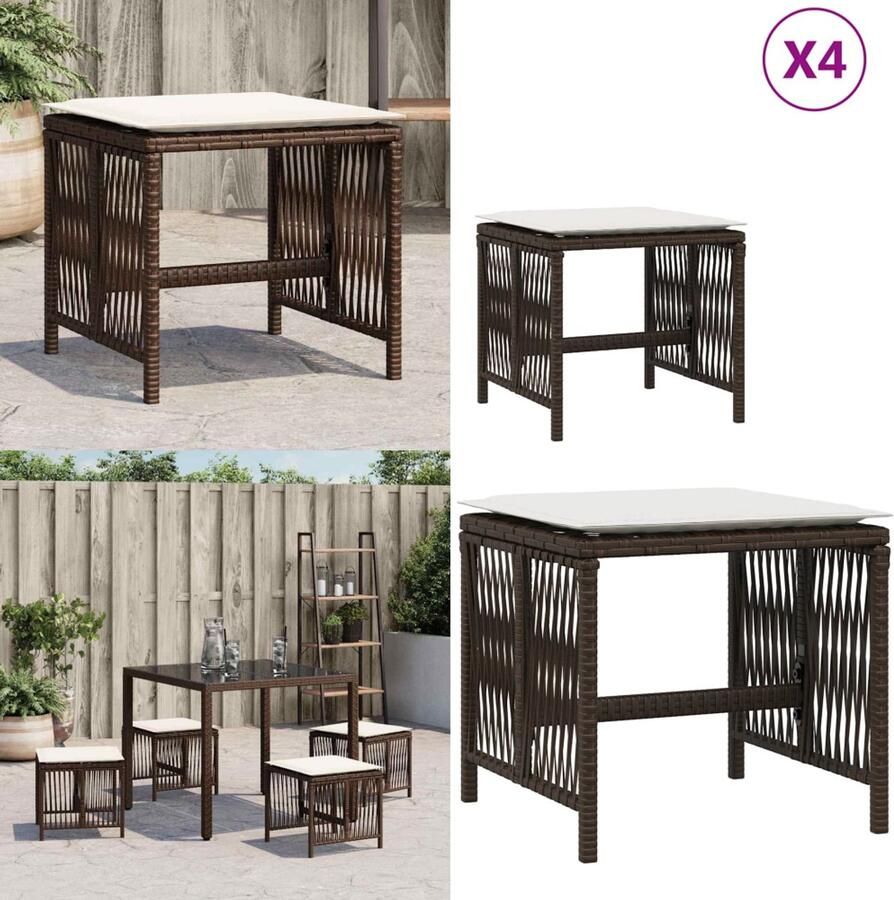 VidaXL Tuinkrukken 4 st met kussens 41x41x36 cm poly rattan bruin Kruk Krukken Krukje Plantenkrukje