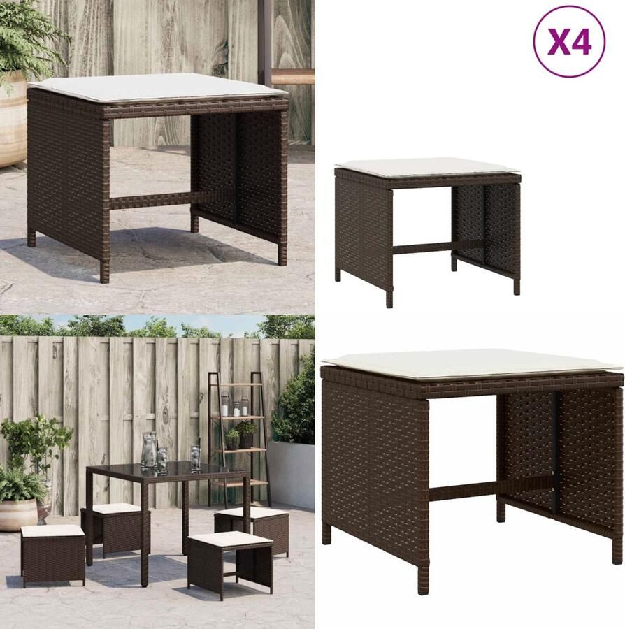 VidaXL Tuinkrukken 4 st met kussens 41x41x36 cm poly rattan bruin Kruk Krukken Tuinkruk Buitenkruk