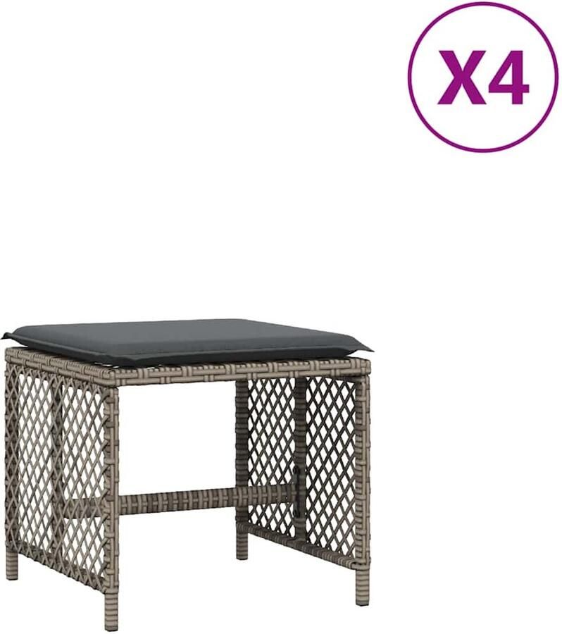 VidaXL Tuinkrukken 4 st met kussens 41x41x36 cm poly rattan grijs - Foto 1