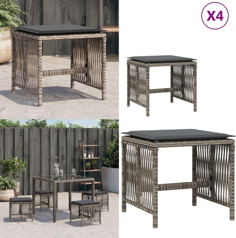 VidaXL Tuinkrukken 4 st met kussens 41x41x36 cm poly rattan grijs Kruk Krukken Krukje Plantenkrukje