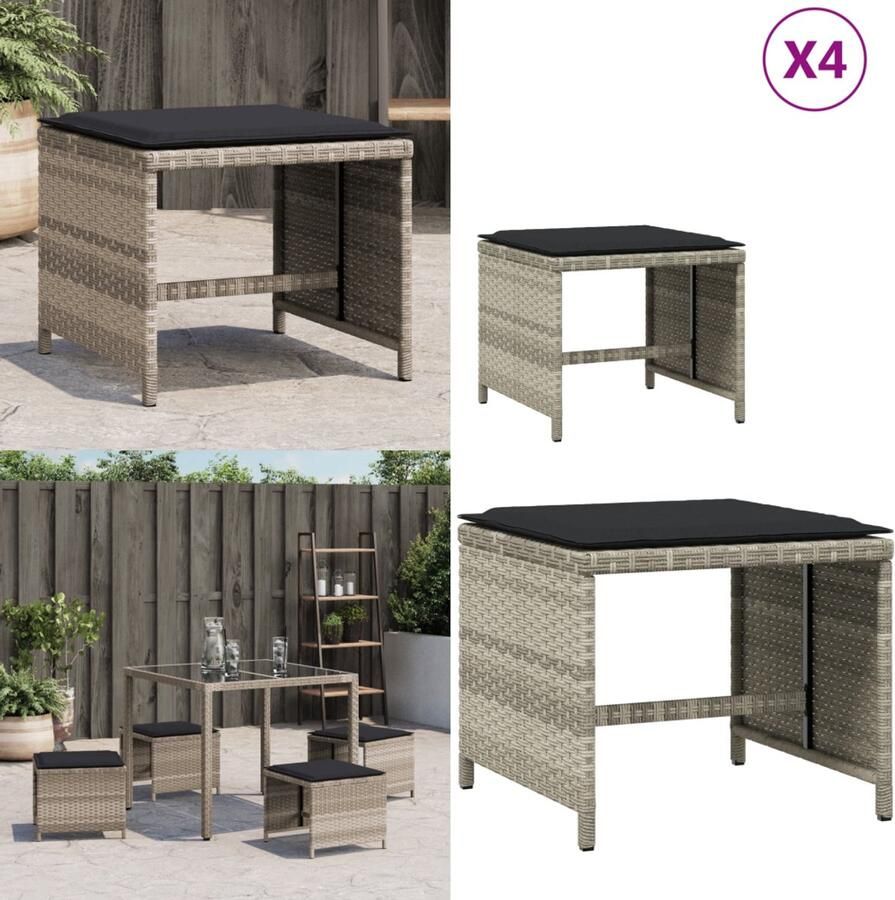 VidaXL Tuinkrukken 4 st met kussens 41x41x36 cm poly rattan lichtgrijs Kruk Krukken Tuinkruk Buitenkruk