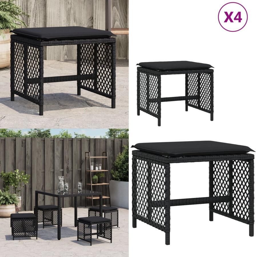 VidaXL Tuinkrukken 4 st met kussens 41x41x36 cm poly rattan zwart Kruk Krukken Krukje Plantenkrukje