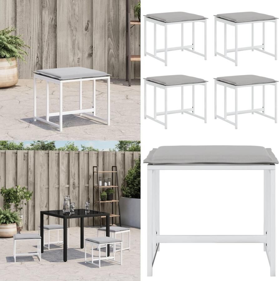 VidaXL Tuinkrukken 4 st met kussens staal en textileen wit Tuinkruk Tuinkrukken Krukje Textileen Krukje