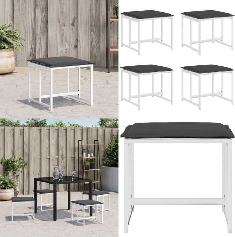 VidaXL Tuinkrukken 4 st met kussens staal en textileen wit Tuinkruk Tuinkrukken Krukje Textileen Krukje