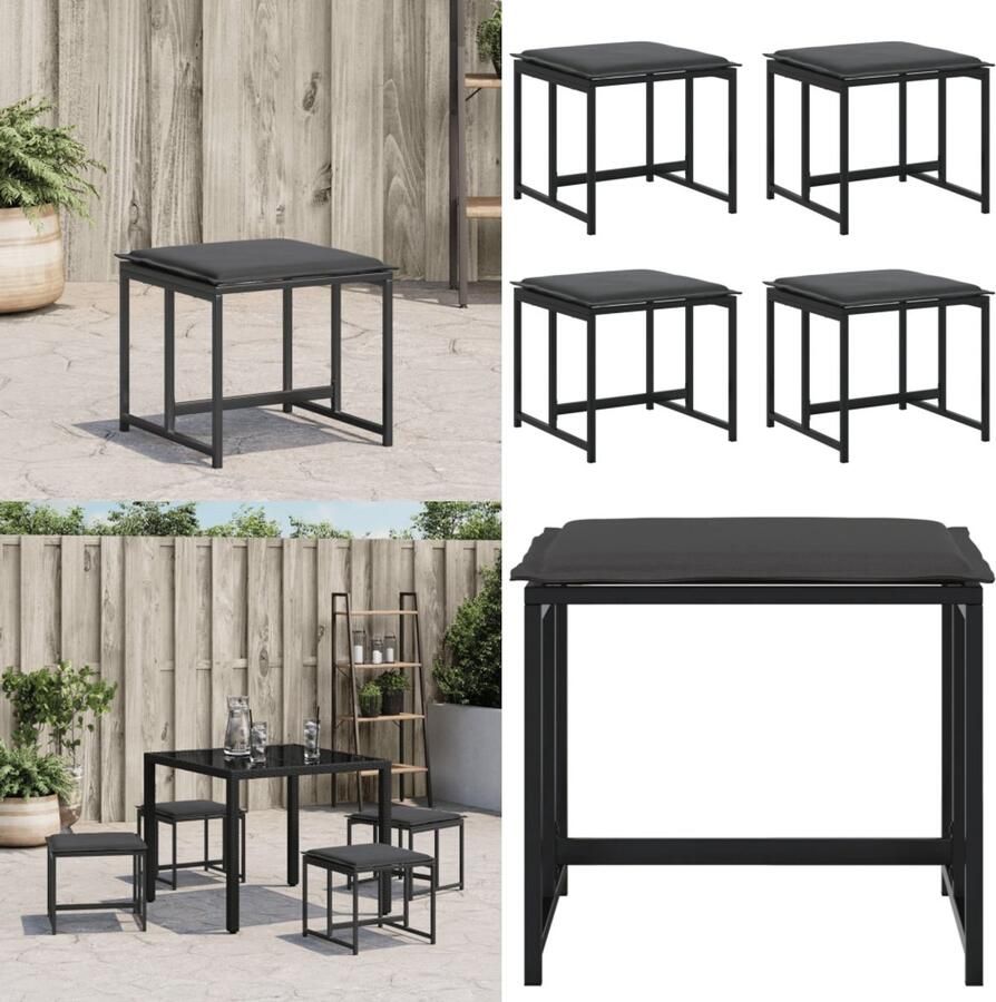 VidaXL Tuinkrukken 4 st met kussens staal en textileen zwart Tuinkruk Tuinkrukken Krukje Textileen Krukje