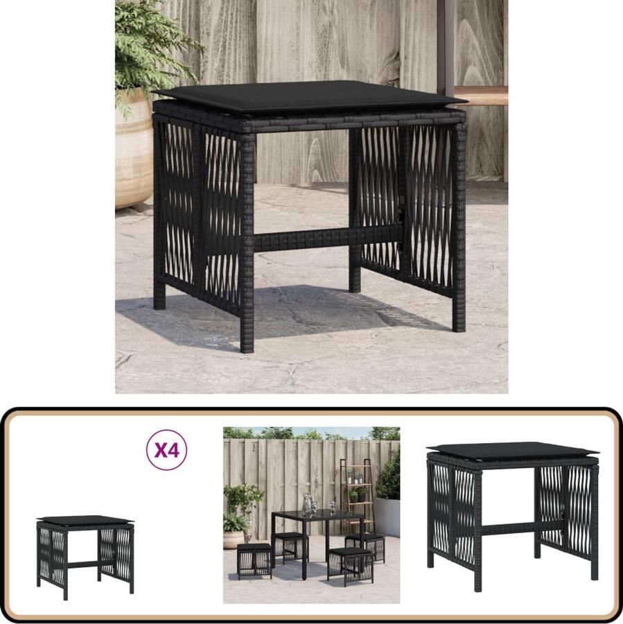 VidaXL Tuinkrukken 4 stuks Met kussens Zwart Kruk Krukken Krukje Plantenkrukje