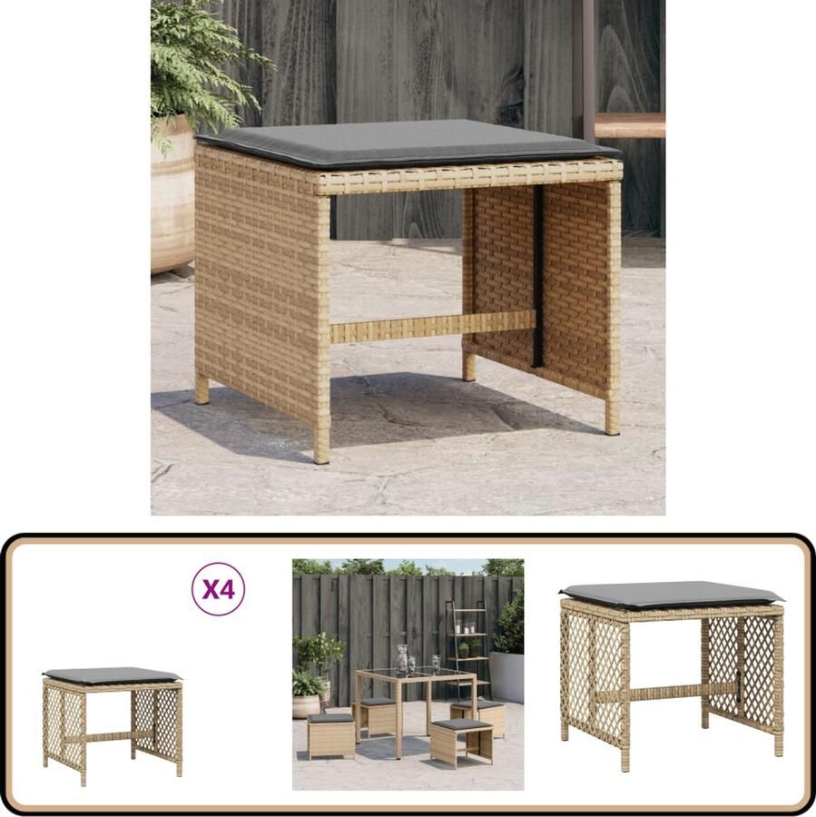 VidaXL Tuinkrukken 4 stuks Poly Rattan Beige Kruk Krukken Krukje Plantenkrukje