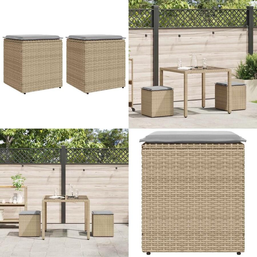 VidaXL Tuinkrukken met kussens 2 st 40x40x43 cm poly rattan beige Kruk Krukken Krukje Plantenkrukje