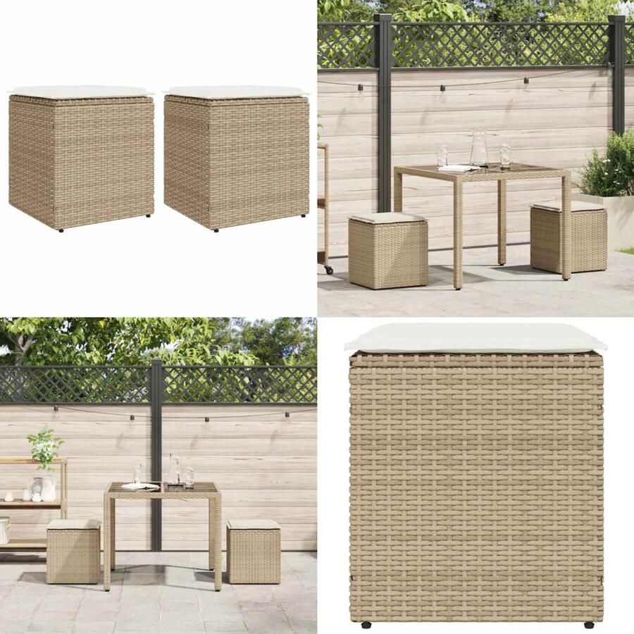 VidaXL Tuinkrukken met kussens 2 st 40x40x43 cm poly rattan beige Kruk Krukken Krukje Plantenkrukje