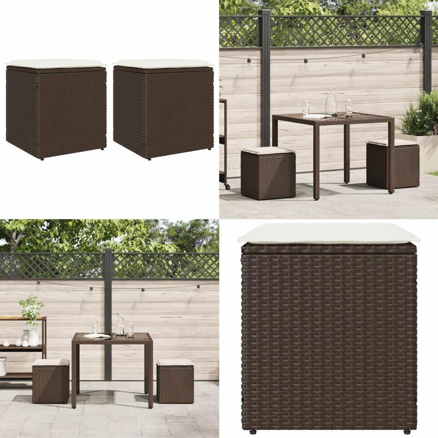 VidaXL Tuinkrukken met kussens 2 st 40x40x43 cm poly rattan bruin Kruk Krukken Krukje Plantenkrukje