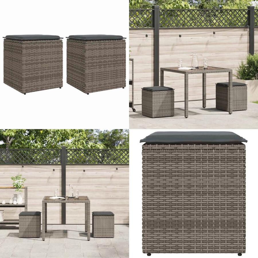 VidaXL Tuinkrukken met kussens 2 st 40x40x43 cm poly rattan grijs Kruk Krukken Krukje Plantenkrukje
