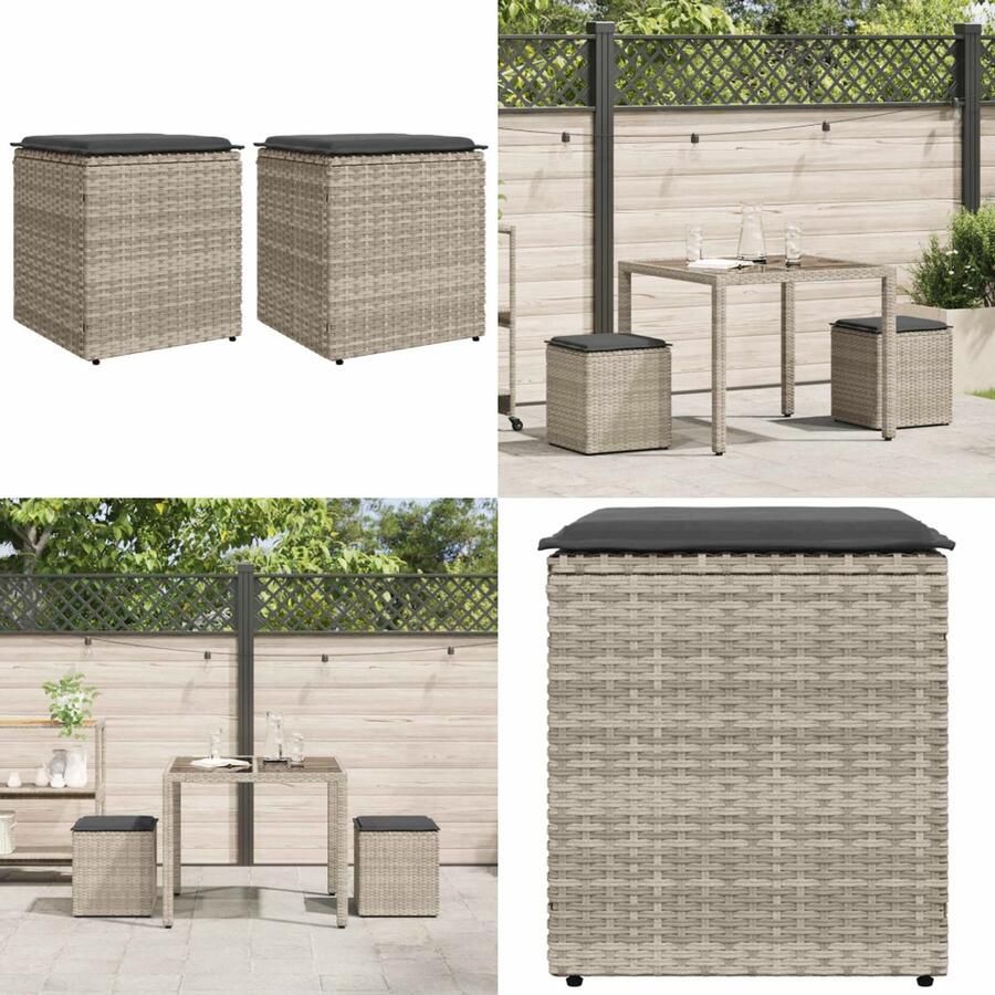 VidaXL Tuinkrukken met kussens 2 st 40x40x43 cm poly rattan lichtgrijs Kruk Krukken Krukje Plantenkrukje