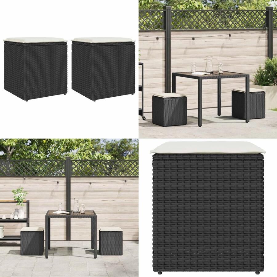 VidaXL Tuinkrukken met kussens 2 st 40x40x43 cm poly rattan zwart Kruk Krukken Krukje Plantenkrukje