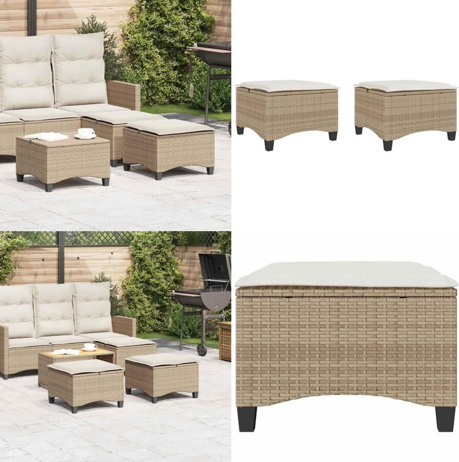 VidaXL Tuinkrukken met kussens 2 st 55x55x36 cm poly rattan beige Tuinkruk Tuinkrukken Krukje Rattan Krukje