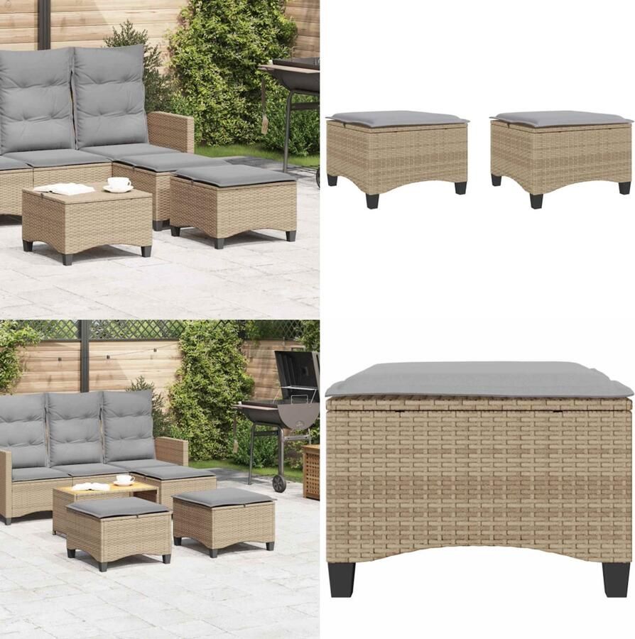 VidaXL Tuinkrukken met kussens 2 st 55x55x36 cm poly rattan beige Tuinkruk Tuinkrukken Krukje Rattan Krukje