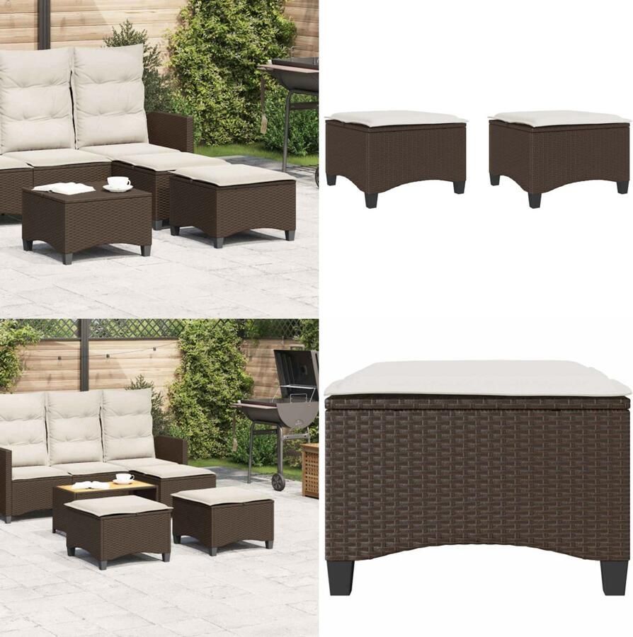 VidaXL Tuinkrukken met kussens 2 st 55x55x36 cm poly rattan bruin Tuinkruk Tuinkrukken Krukje Rattan Krukje
