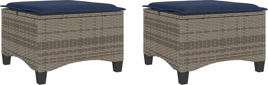 VidaXL Tuinkrukken met kussens Set van 2 Grijs Tuinkruk Tuinkrukken Krukje Rattan Krukje