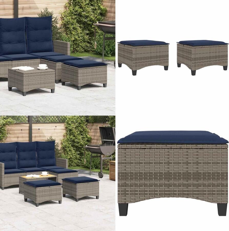 VidaXL Tuinkrukken met kussens 2 st 55x55x36 cm poly rattan grijs Tuinkruk Tuinkrukken Krukje Rattan Krukje