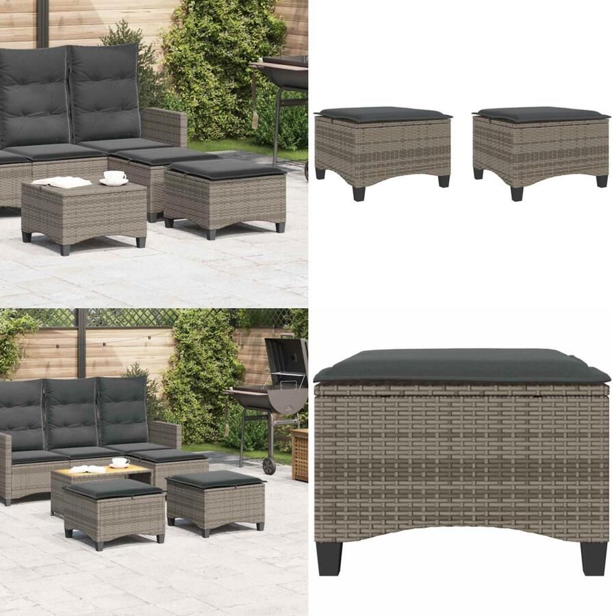 VidaXL Tuinkrukken met kussens 2 st 55x55x36 cm poly rattan grijs Tuinkruk Tuinkrukken Krukje Rattan Krukje