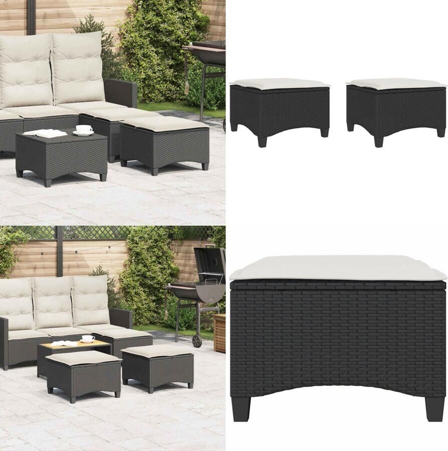 VidaXL Tuinkrukken met kussens 2 st 55x55x36 cm poly rattan zwart Tuinkruk Tuinkrukken Krukje Rattan Krukje