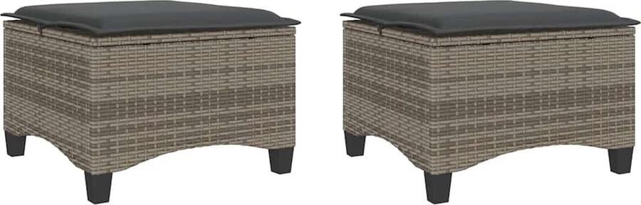 VidaXL Tuinkrukken met kussens 2 stuks Grijs Tuinkruk Tuinkrukken Krukje Rattan Krukje