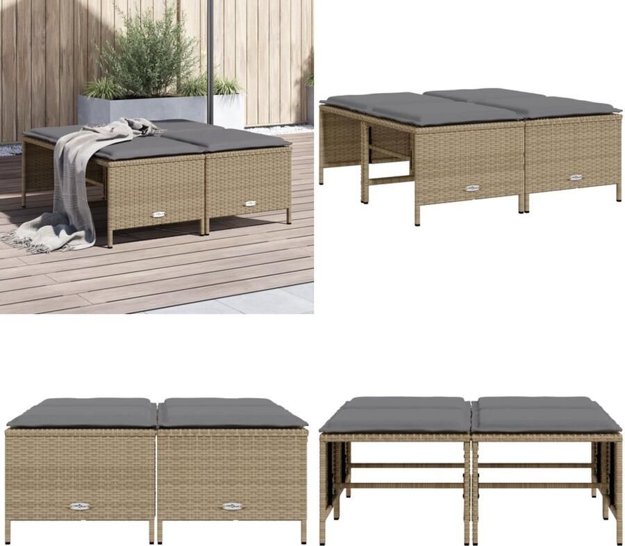 VidaXL Tuinkrukken met kussens 4 st poly rattan beige Tuinkruk Tuinkrukken Krukje Rattan Krukje