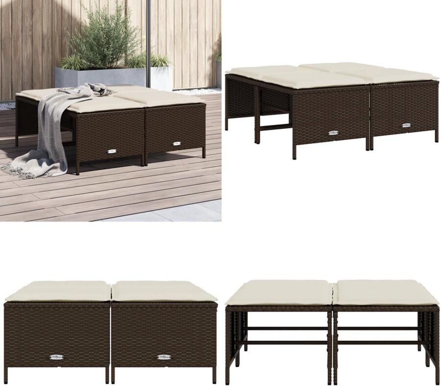 VidaXL Tuinkrukken met kussens 4 st poly rattan bruin Tuinkruk Tuinkrukken Krukje Rattan Krukje