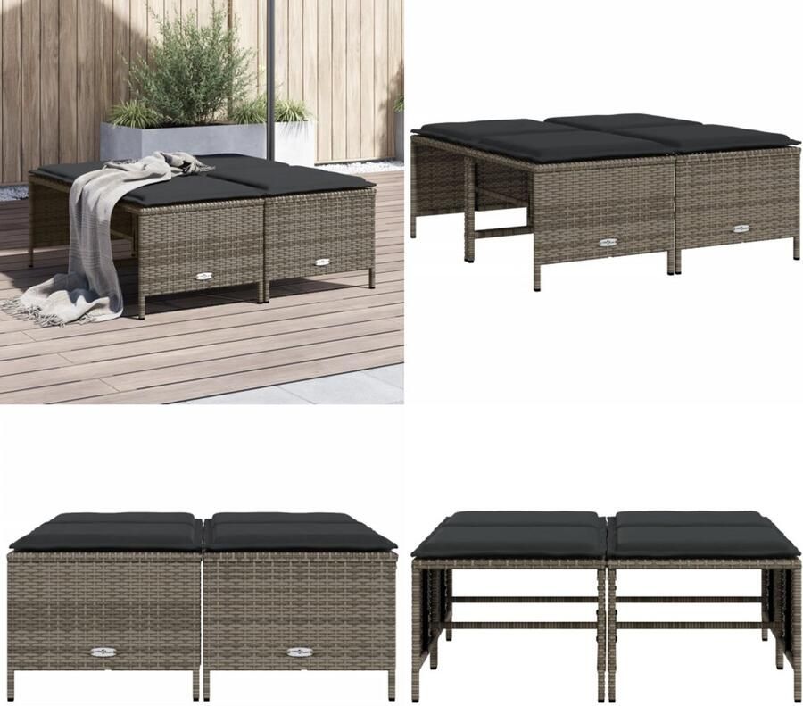 VidaXL Tuinkrukken met kussens 4 st poly rattan grijs Tuinkruk Tuinkrukken Krukje Rattan Krukje