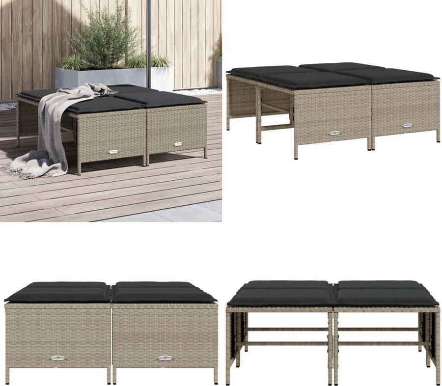 VidaXL Tuinkrukken met kussens 4 st poly rattan lichtgrijs Tuinkruk Tuinkrukken Krukje Rattan Krukje