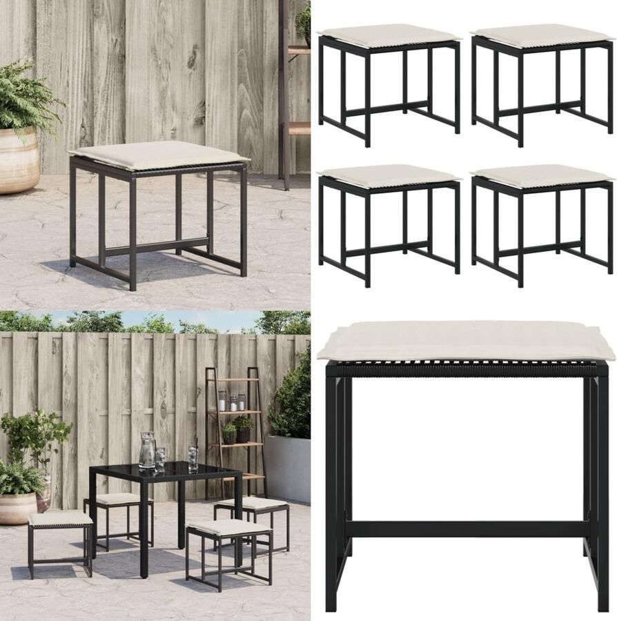 VidaXL Tuinkrukken met kussens 4 st poly rattan zwart Tuinkruk Tuinkrukken Krukje Rattan Krukje