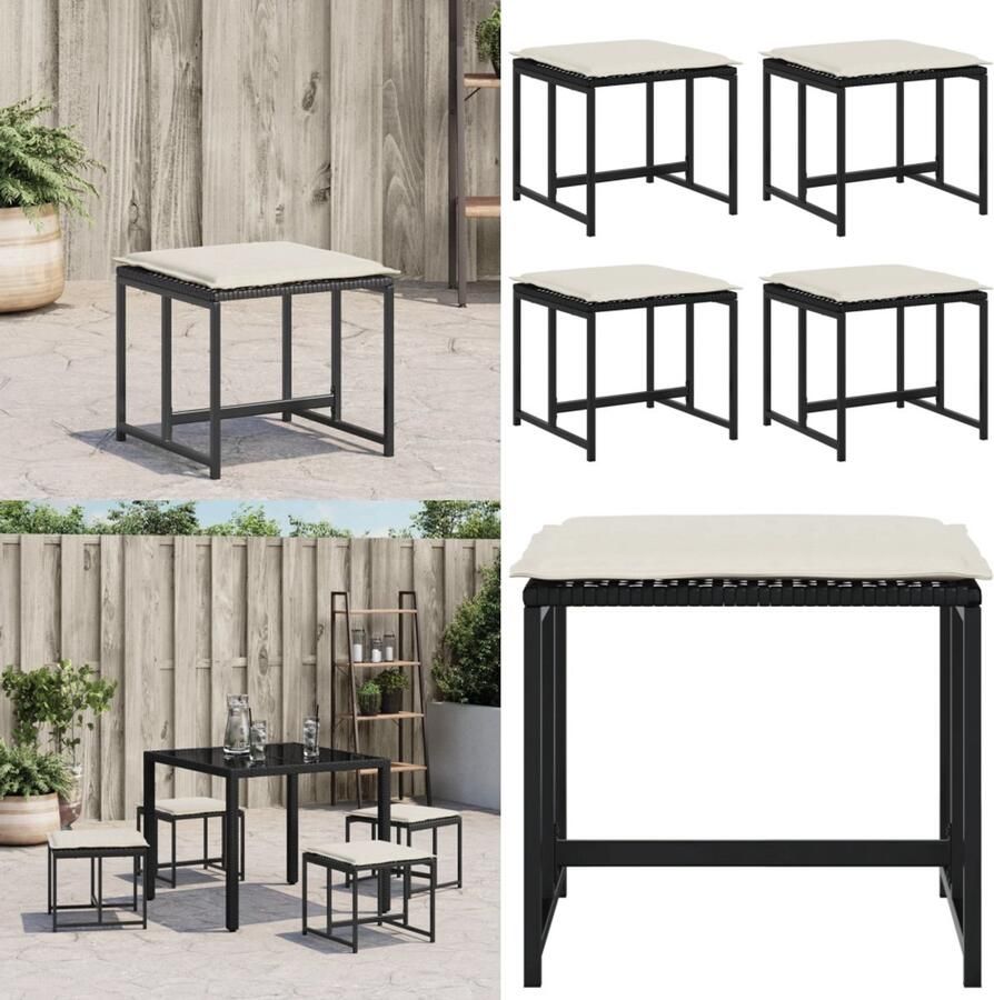 The Living Store PE-Rattan Tuinkrukken 40x40x35 cm Zwart Crèmewit Kussen Gepoedercoat Staal Tuinkrukken Outdoor Seating Patio Furniture Garden Chairs Lounge Chair - Foto 2